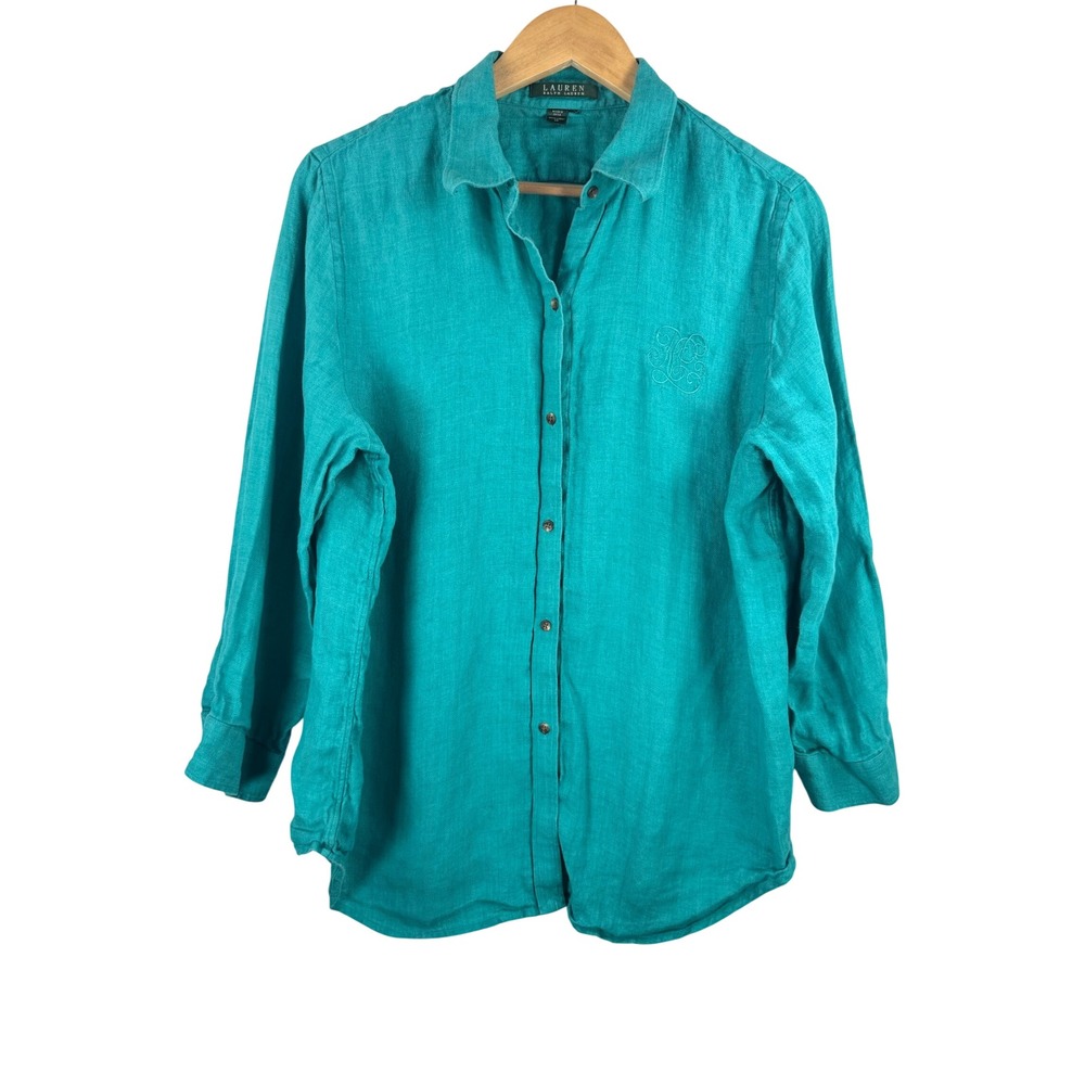 Lauren Ralph Lauren Linen Shirt L Teal embroidered Coastal Monogram preppy